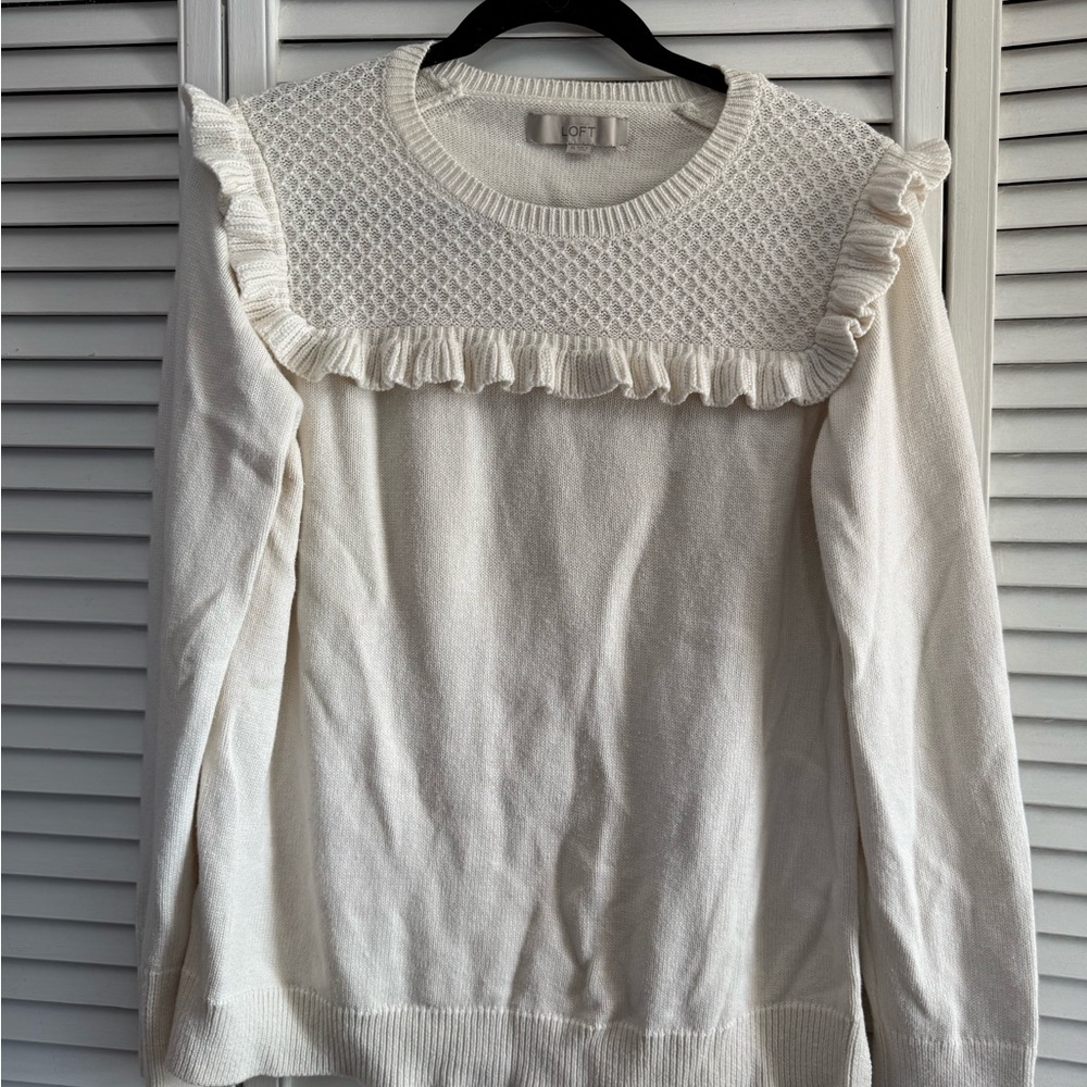 LOFT Cream Knit Ruffle Sweater